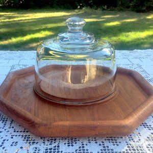 12" Teak Cheese Serving Tray Glass Dome Cover Vtg